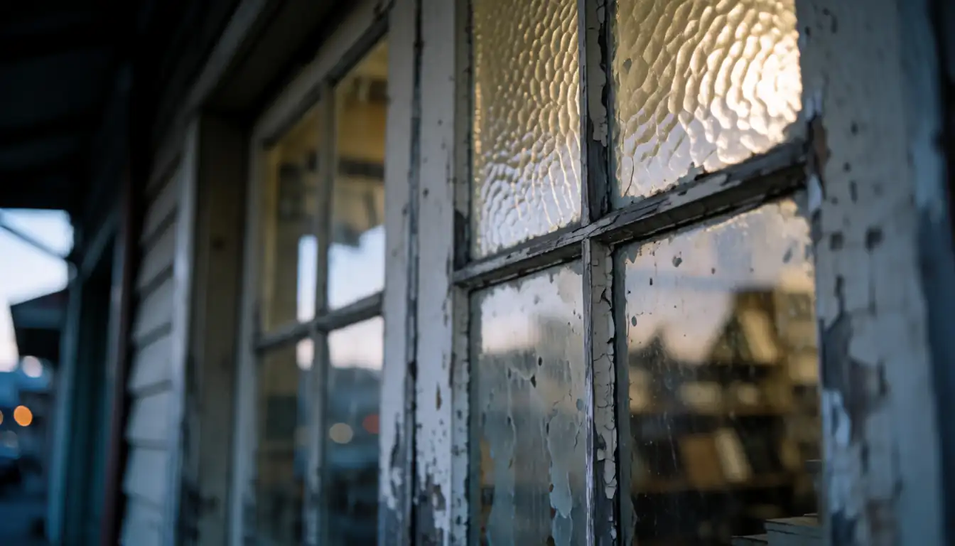 Close detail of a weathered painted timber shopfront at dusk