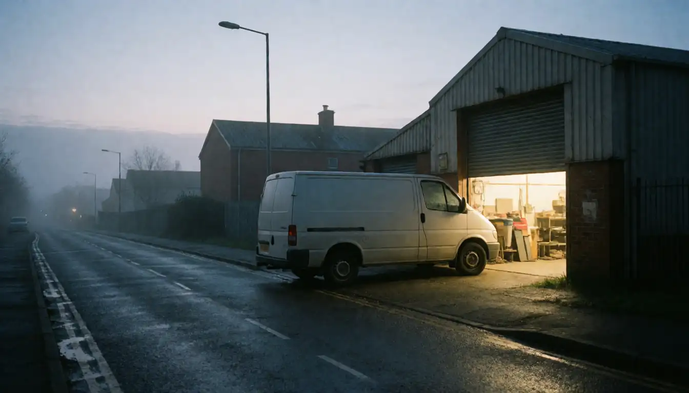 A work van parked outside a small workshop at dawn