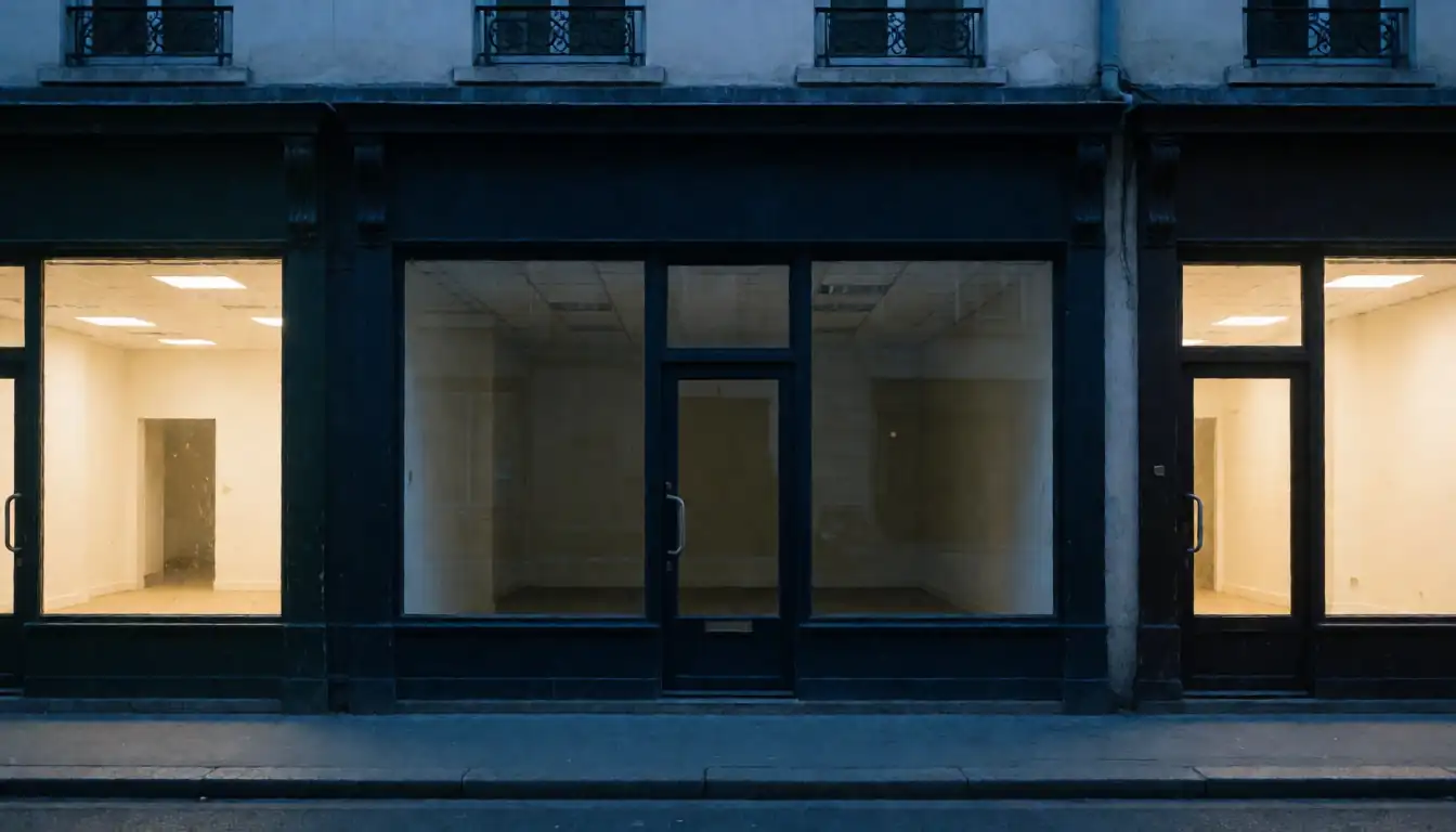 Empty lit storefront units at blue hour