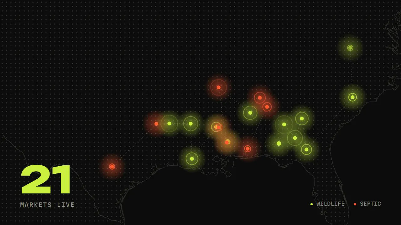 Map of the southern United States with each Trade Frontage market marked, wildlife removal in lime and septic in orange